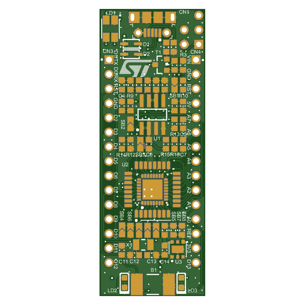 Nucleo-L031K6, bottom side, rendered from the Gerber set