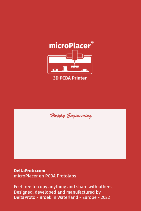 microPlacer booklet, back cover: microPlacer 3D PCBA Printer, Happy Engineering